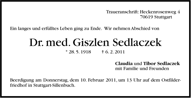  Traueranzeige für Giszlen Sedlaczek vom 08.02.2011 aus Stuttgarter Zeitung / Stuttgarter Nachrichten