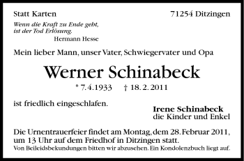 Traueranzeige von Werner Schinabeck von Leonberger Kreiszeitung / Strohgäu Extra