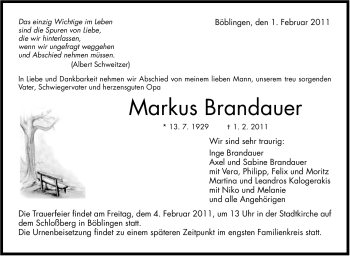 Traueranzeige von Markus Brandauer von Stuttgarter Zeitung / Stuttgarter Nachrichten