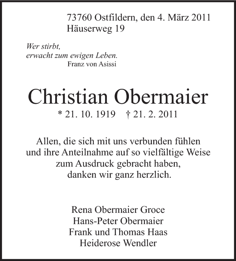  Traueranzeige für Christian Obermaier vom 04.03.2011 aus Stuttgarter Zeitung / Stuttgarter Nachrichten
