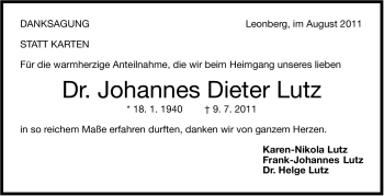 Traueranzeige von Dieter Lutz von Leonberger Kreiszeitung / Strohgäu Extra