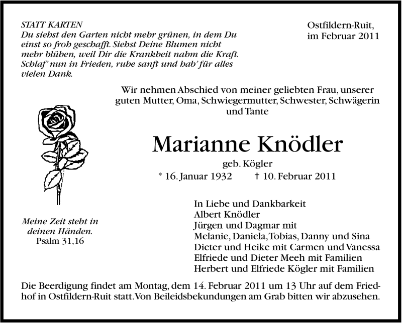  Traueranzeige für Marianne Knödler vom 12.02.2011 aus Stuttgarter Zeitung / Stuttgarter Nachrichten