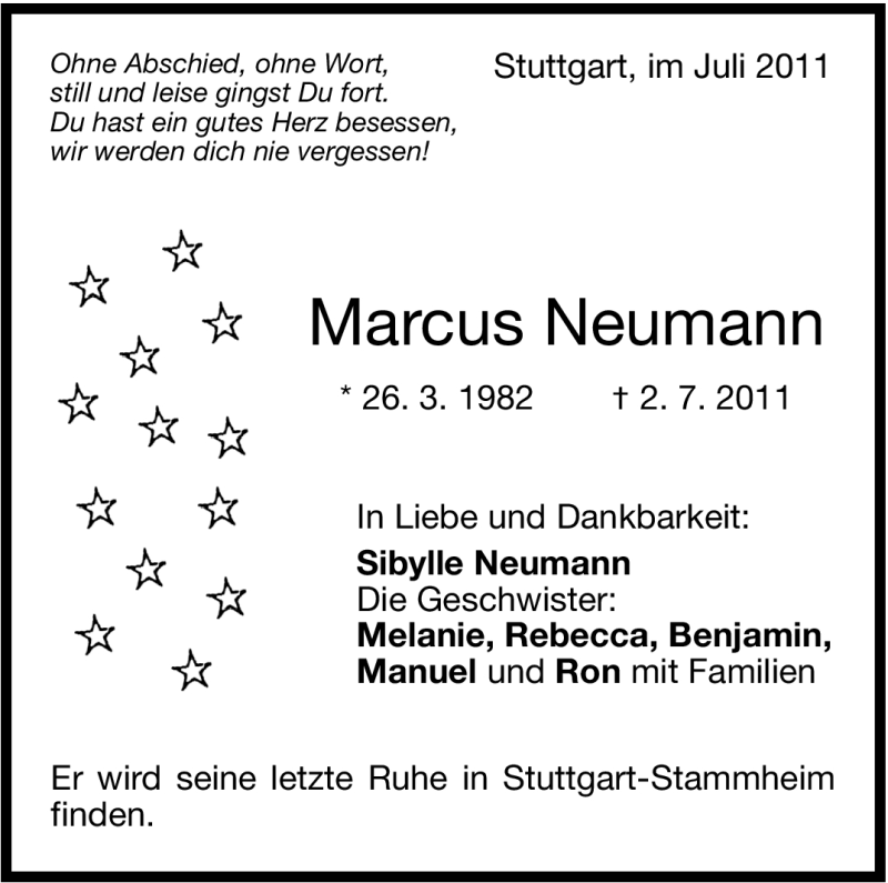  Traueranzeige für Marcus Neumann vom 08.07.2011 aus Stuttgarter Zeitung / Stuttgarter Nachrichten