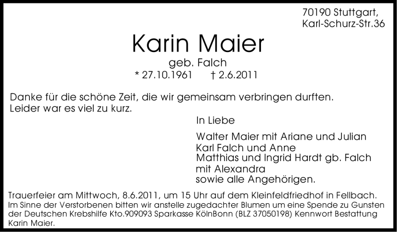  Traueranzeige für Karin Maier vom 04.06.2011 aus Stuttgarter Zeitung / Stuttgarter Nachrichten