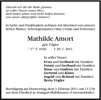 Traueranzeige von Mathilde Amort von Stuttgarter Zeitung / Stuttgarter Nachrichten