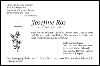 Traueranzeige von Josefine Ros von Leonberger Kreiszeitung / Strohgäu Extra