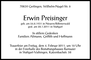 Traueranzeige von Erwin Preisinger von Stuttgarter Zeitung / Stuttgarter Nachrichten