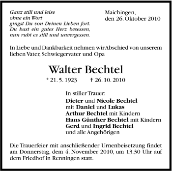 Traueranzeige von Walter Bechtel von Leonberger Kreiszeitung / Strohgäu Extra