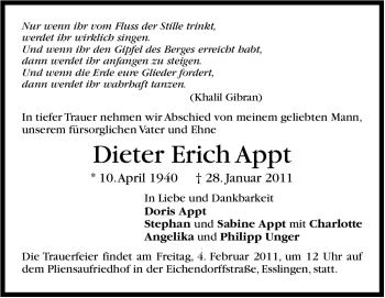 Traueranzeige von Dieter Erich Appt von Stuttgarter Zeitung / Stuttgarter Nachrichten