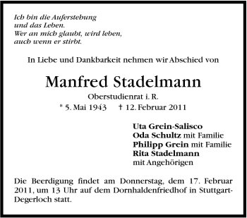 Traueranzeige von Manfred Stadelmann von Stuttgarter Zeitung / Stuttgarter Nachrichten