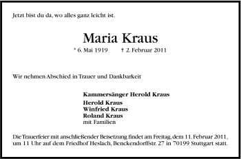Traueranzeige von Maria Kraus von Stuttgarter Zeitung / Stuttgarter Nachrichten