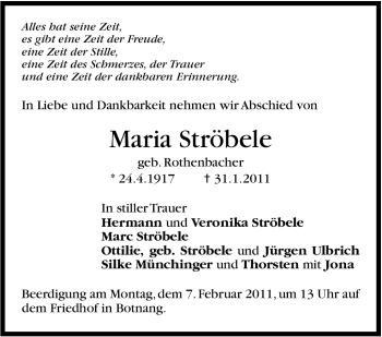 Traueranzeige von Maria Ströbele von Stuttgarter Zeitung / Stuttgarter Nachrichten