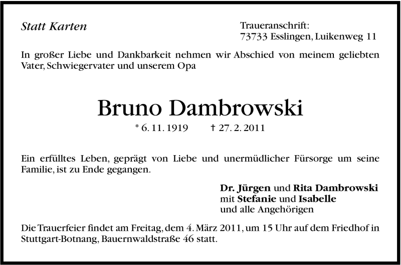  Traueranzeige für Bruno Dambrowski vom 02.03.2011 aus Stuttgarter Zeitung / Stuttgarter Nachrichten