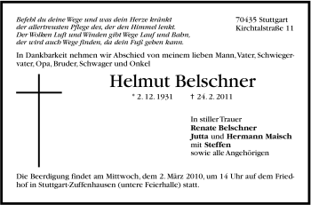 Traueranzeige von Helmut Belschner von Stuttgarter Zeitung / Stuttgarter Nachrichten