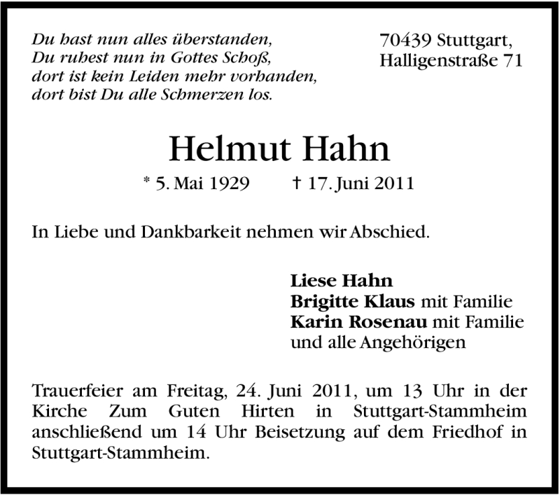 Traueranzeige für Helmut Hahn vom 21.06.2011 aus Stuttgarter Zeitung / Stuttgarter Nachrichten