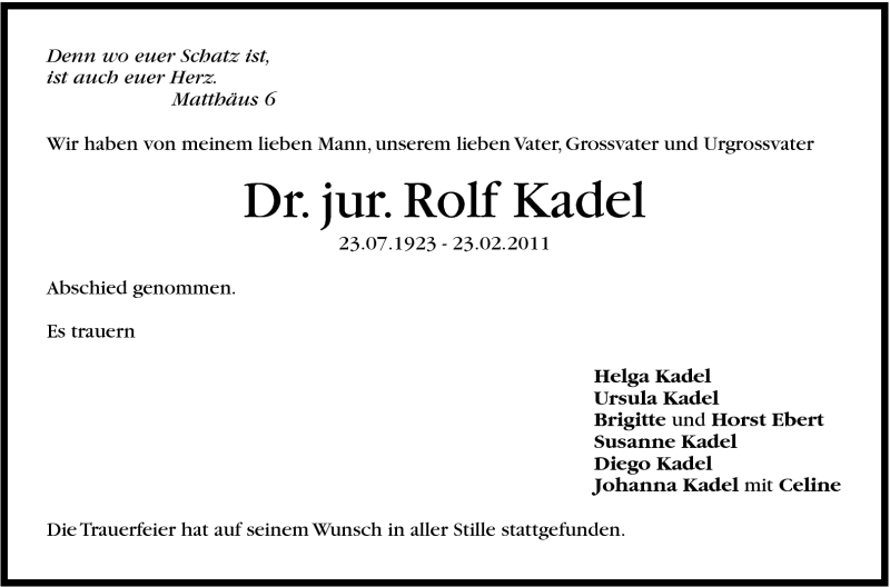  Traueranzeige für Rolf Kadel vom 05.03.2011 aus Stuttgarter Zeitung / Stuttgarter Nachrichten