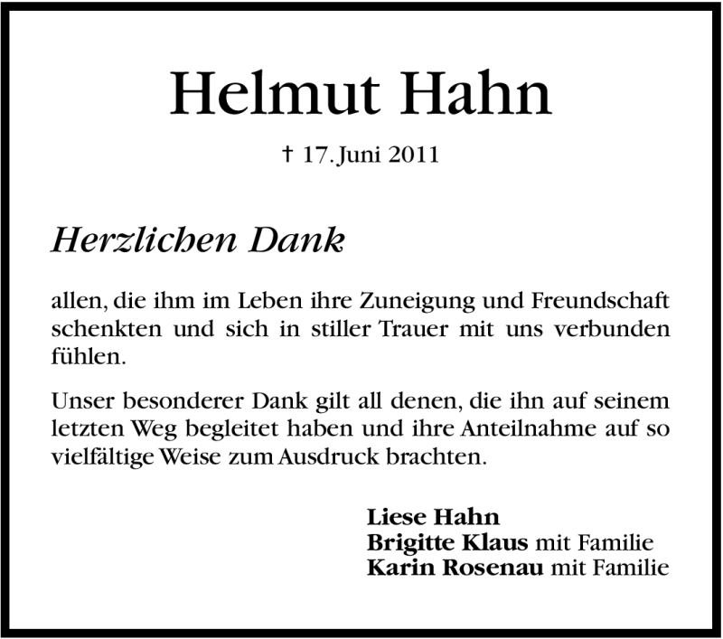  Traueranzeige für Helmut Hahn vom 02.07.2011 aus Stuttgarter Zeitung / Stuttgarter Nachrichten