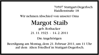 Traueranzeige von Margot Staib von Stuttgarter Zeitung / Stuttgarter Nachrichten