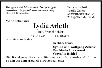 Traueranzeige von Lydia Arleth von Leonberger Kreiszeitung / Strohgäu Extra