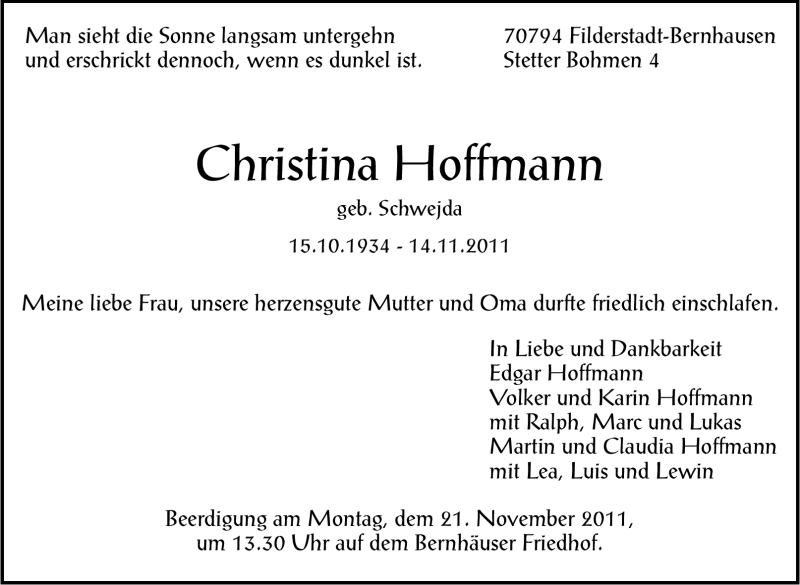  Traueranzeige für Christina Hoffmann vom 17.11.2011 aus Stuttgarter Zeitung / Stuttgarter Nachrichten