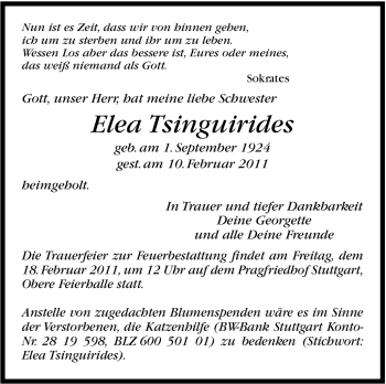 Traueranzeige von Elea Tsinguirides von Stuttgarter Zeitung / Stuttgarter Nachrichten