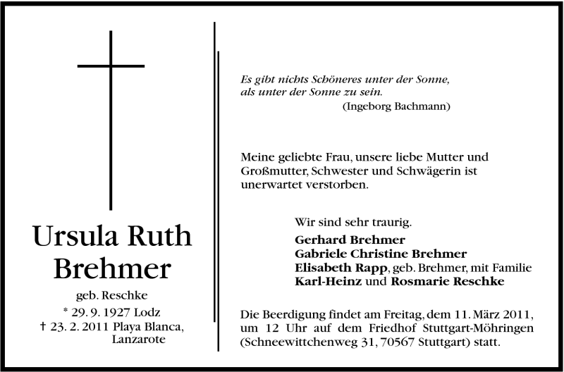  Traueranzeige für Ursula Ruth Brehmer vom 08.03.2011 aus Stuttgarter Zeitung / Stuttgarter Nachrichten
