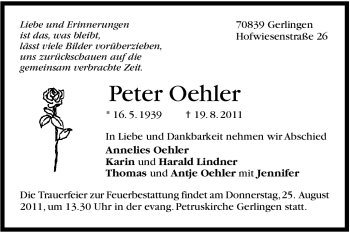 Traueranzeige von Peter Oehler von Leonberger Kreiszeitung / Strohgäu Extra