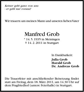 Traueranzeige von Manfred Grob von Stuttgarter Zeitung / Stuttgarter Nachrichten