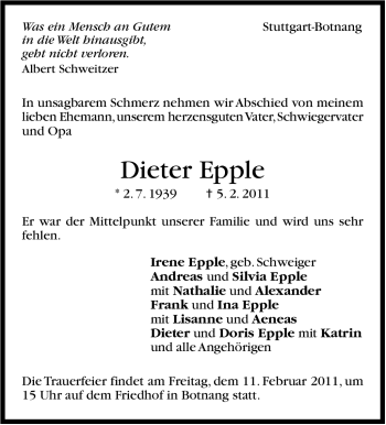 Traueranzeige von Dieter Epple von Stuttgarter Zeitung / Stuttgarter Nachrichten