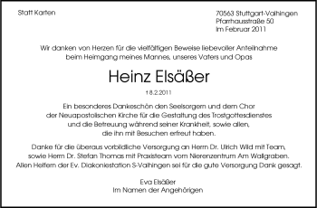 Traueranzeige von Heinz Elsäßer von Stuttgarter Zeitung / Stuttgarter Nachrichten