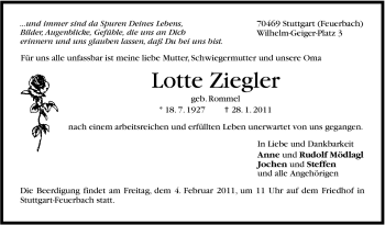 Traueranzeige von Lotte Ziegler von Stuttgarter Zeitung / Stuttgarter Nachrichten