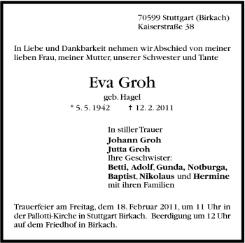 Traueranzeige von Eva Groh von Stuttgarter Zeitung / Stuttgarter Nachrichten
