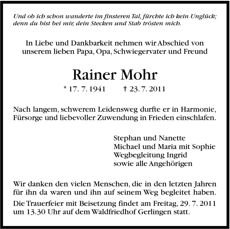  Traueranzeige für Rainer Mohr vom 27.07.2011 aus Leonberger Kreiszeitung / Strohgäu Extra