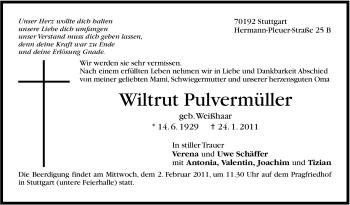 Traueranzeige von Wiltrut Pulvermüller von Stuttgarter Zeitung / Stuttgarter Nachrichten