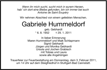 Traueranzeige von Gabriele Hummeldorf von Stuttgarter Zeitung / Stuttgarter Nachrichten