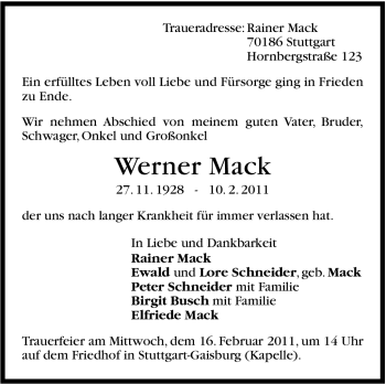 Traueranzeige von Werner Mack von Stuttgarter Zeitung / Stuttgarter Nachrichten
