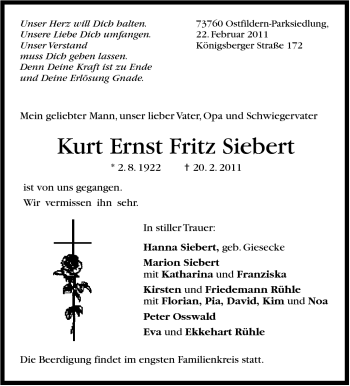 Traueranzeige von Kurt Ernst Fritz Siebert von Stuttgarter Zeitung / Stuttgarter Nachrichten