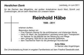 Traueranzeige von Reinhold Häbe von Leonberger Kreiszeitung / Strohgäu Extra