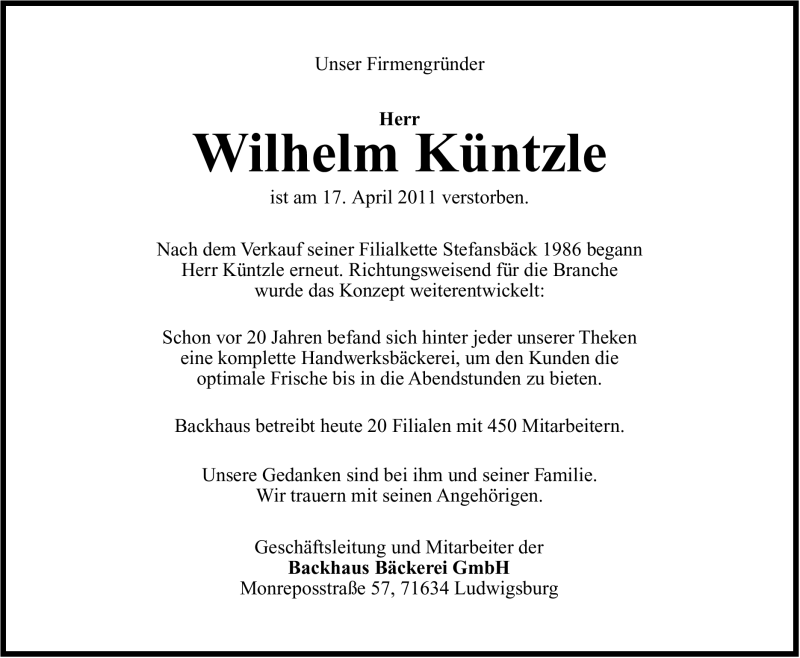  Traueranzeige für Wilhelm Adolf Küntzle vom 30.04.2011 aus Marbacher Zeitung
