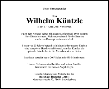 Traueranzeige von Wilhelm Adolf Küntzle von Marbacher Zeitung