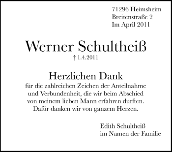 Traueranzeige von Werner Schultheiß von Leonberger Kreiszeitung / Strohgäu Extra