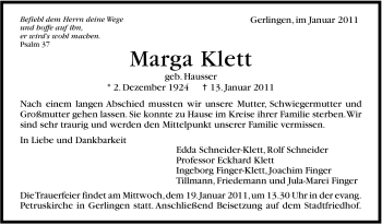 Traueranzeige von Marga Klett von Leonberger Kreiszeitung / Strohgäu Extra