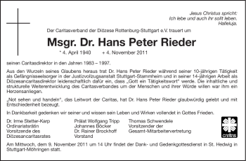 Traueranzeige von Hans Peter Rieder von Leonberger Kreiszeitung / Strohgäu Extra