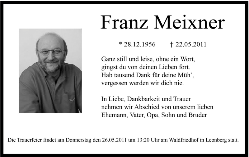  Traueranzeige für Franz Meixner vom 24.05.2011 aus Leonberger Kreiszeitung / Strohgäu Extra