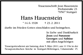 Traueranzeige von Hans Hauenstein von Stuttgarter Zeitung / Stuttgarter Nachrichten