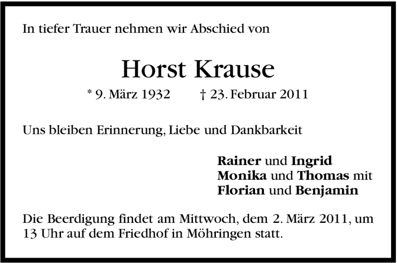  Traueranzeige für Horst Krause vom 26.02.2011 aus Stuttgarter Zeitung / Stuttgarter Nachrichten
