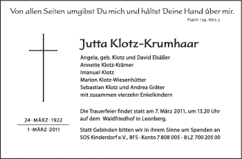 Traueranzeige von Jutta Klotz-Krumhaar von Leonberger Kreiszeitung / Strohgäu Extra