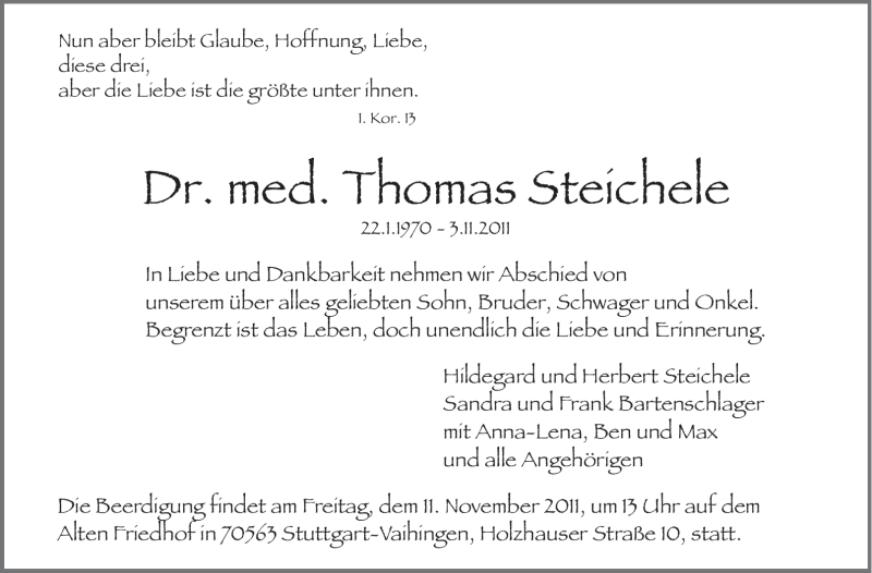  Traueranzeige für Thomas Steichele vom 09.11.2011 aus Stuttgarter Zeitung / Stuttgarter Nachrichten