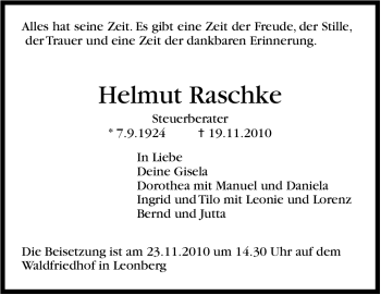 Traueranzeige von Helmut Raschke von Leonberger Kreiszeitung / Strohgäu Extra