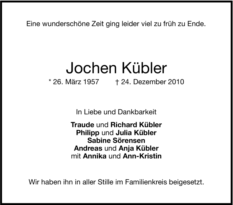  Traueranzeige für Jochen Kübler vom 31.12.2010 aus Stuttgarter Zeitung / Stuttgarter Nachrichten